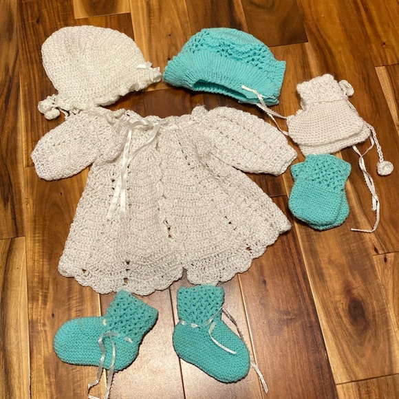 Handmade Baby Knitwear: White Sweater, Booties & Hat and Turquoise Booties & Hat - Picture 1 of 3